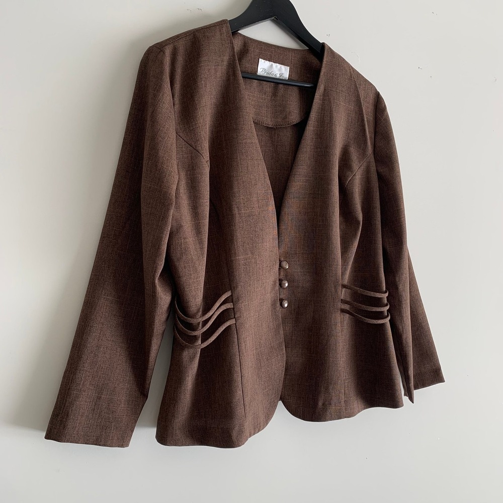 Vintage Tailored Brown Collarless Blazer Jacket Draped Waist Detail Women L